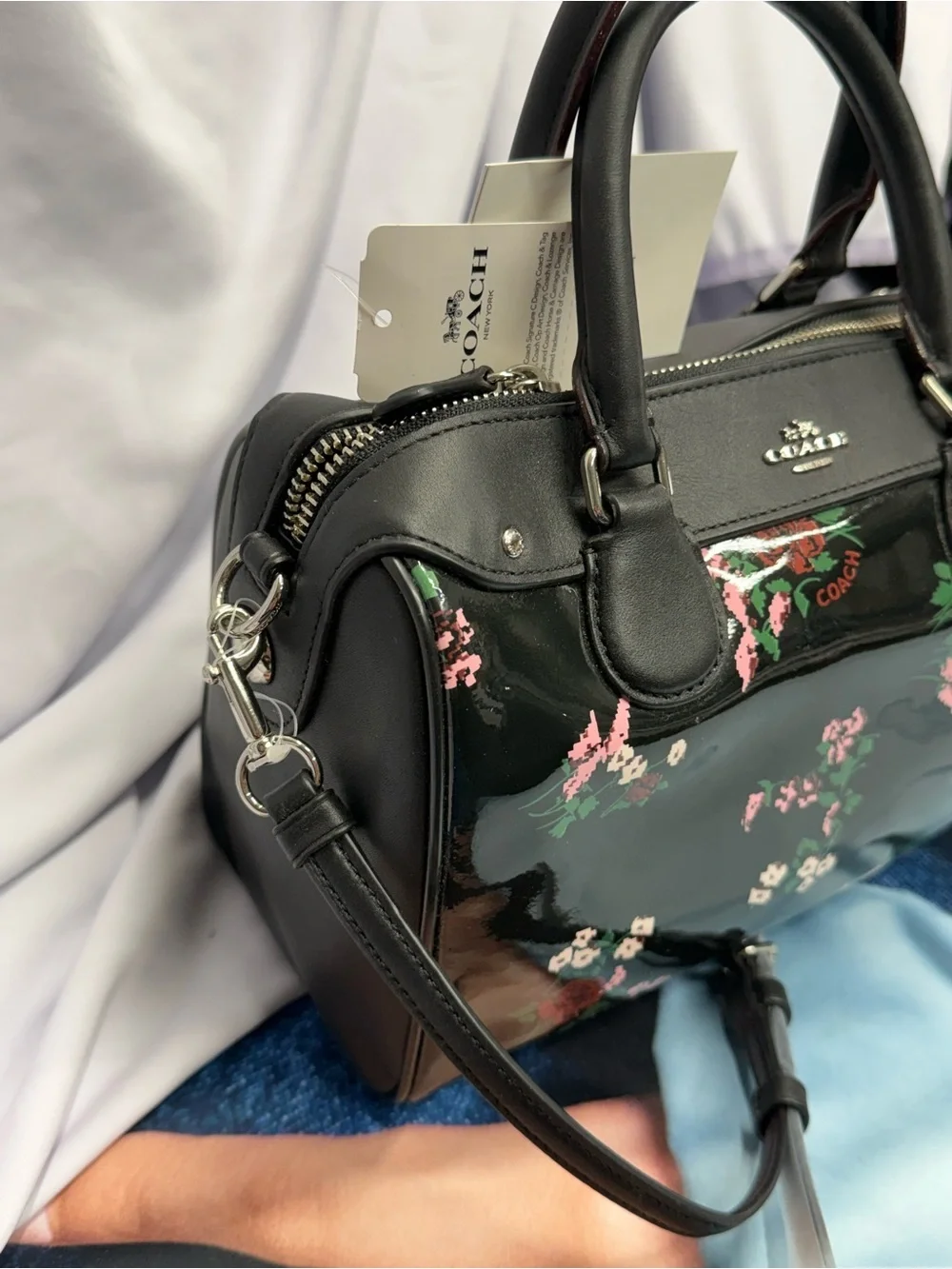 (new+tag) Coach mini Bennet floral black satchel crossbody patent leather